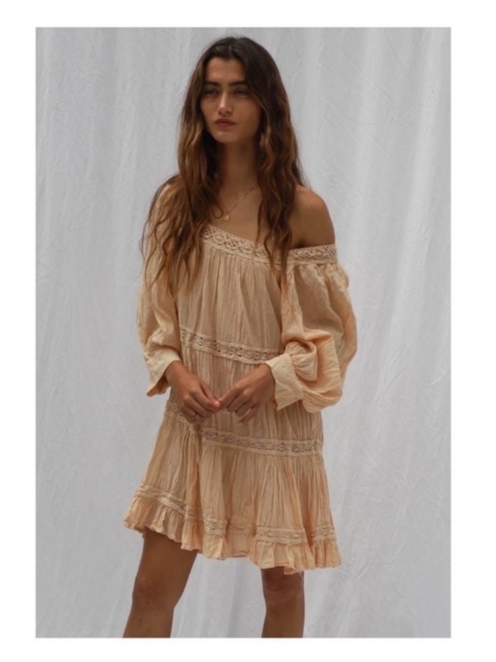 New! JEN'S PIRATE BOOTY Almond Lace Tiered Ruffled Mini Dress in Peachy Tan - Picture 3 of 12